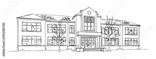 Architectural line drawing of an abandoned two story school building with broken windows, boarded up doors, damaged roof and leafless trees, perfect for historical narratives or spooky