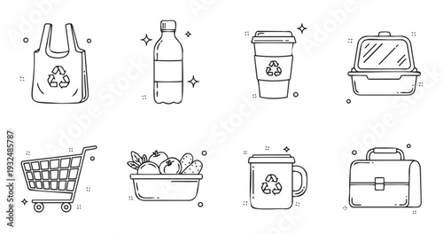 Collection of sustainable lifestyle line icons featuring reusable shopping bags, water bottles, coffee cups, lunch boxes, shopping carts, fresh groceries, and a briefcase for ecofriendly