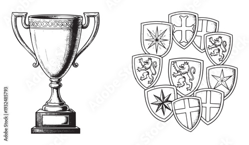 A vintage style trophy cup and a cluster of heraldic shields featuring lions crosses and star emblems excellent for awards sports history or celebrating achievements.