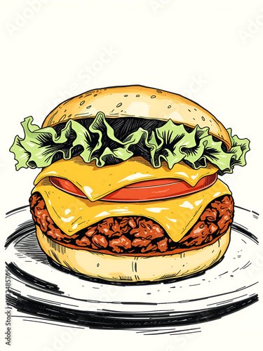 Juicy beef patty, melted cheese, crisp lettuce, and toasted bread in a vintage linotype style illustration, gourmet,  sketch