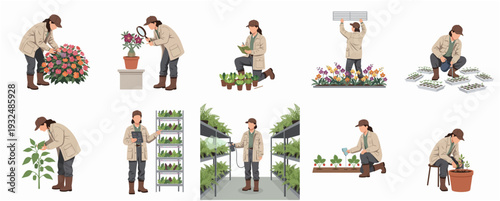 Flat Illustration Woman in Various Gardening Activities Agriculture Concept Set