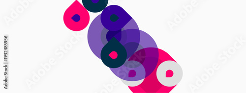 Abstract shapes overlap, creating vibrant color blends. Pink, purple hues dominate white background. Modern design elements present.