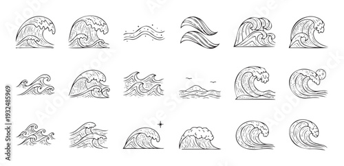 Collection of diverse handdrawn ocean wave illustrations in various dynamic shapes suitable for marine themed graphic resource projects branding web graphics and print materials