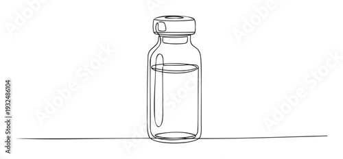 A simple continuous line drawing of a clear glass medical vial containing liquid medication, ideal for healthcare presentations, scientific educational content, and pharmaceutical industry