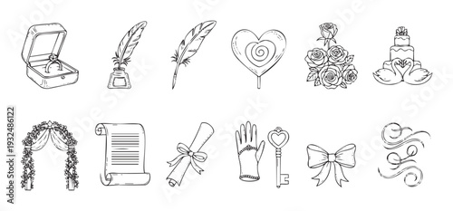 A delightful collection of handdrawn black and white wedding and romance themed icons, perfect for creating invitations, greeting designs, and decorative stationery projects.