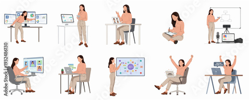 Flat Style Illustration Various Scenes of a Woman Working from Home