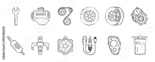Collection of hand drawn automotive tools and car engine parts for mechanic repair shop advertisements or vehicle service industry branding materials