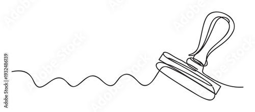 A continuous single line drawing of an office rubber stamp with a wavy stroke, perfect for symbolizing official approval, certification, or administrative processes in modern business