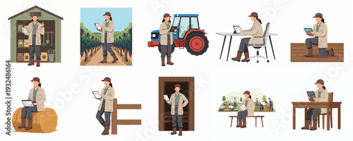 Flat Design Female Farmer Character in Various Farming Related Situations Illustration