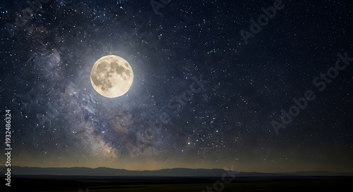 Beautiful night sky full moon stars milky way above mountain silhouette horizon