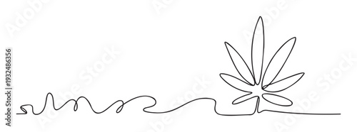 One continuous line drawing depicting a stylized curvy flowing line transitioning into a vibrant cannabis plant leaf, ideal for modern graphic prints, posters, and digital media