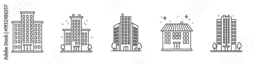 Line icons of various city buildings and a house, representing urban architecture and real estate development for modern web interfaces and digital presentations.