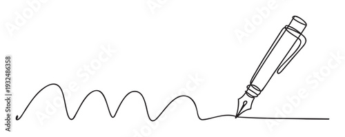 Continuous line drawing of a classic fountain pen creating a wavy stroke followed by a straight line, perfect for educational materials, business communication, or illustrating writing and