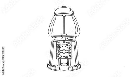 A continuous single line drawing of a classic gumball machine, symbolizing childhood nostalgia and sweet treats, perfect for confectionery promotions or snack bar decor.