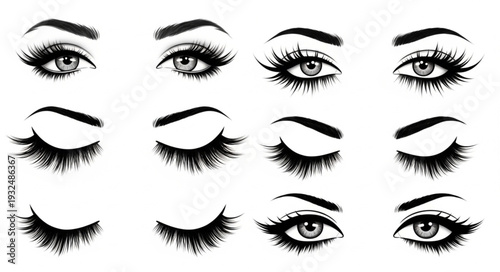 Collection of beautiful eyes with long eyelashes and perfect eyebrows.