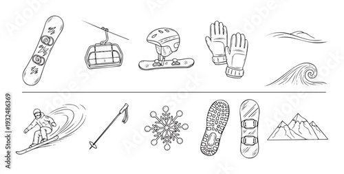 Dynamic outline collection of winter sports equipment and mountain elements perfect for creating engaging seasonal brochures posters and holiday themed graphic designs