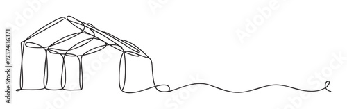 Abstract single continuous line drawing illustrating a stylized house shape extending into a long wavy stroke, suitable for architectural concepts, real estate promotions, or minimalist