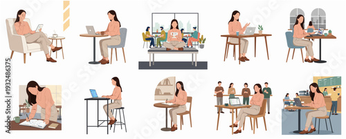 Flat Illustration of Woman Doing Different Activities in Various Places