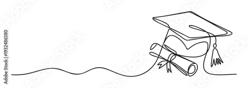 Minimalist black line drawing depicting a graduation cap and a rolledup diploma symbolizing academic achievement, success, and the journey of higher education perfect for school events or