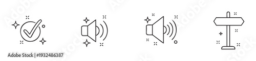 Modern user interface symbols featuring a quality checkmark confirmation, an audible sound speaker, and a guiding directional signpost for digital applications and visual communication.