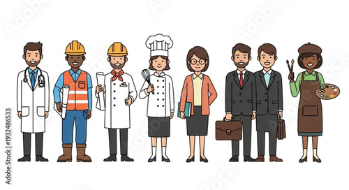 Diverse group of professionals standing together, representing various occupations and careers.