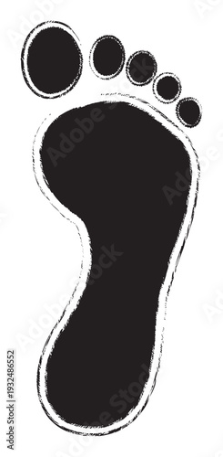 Textured black footprint with five toes showing a human bare foot mark suitable for health, travel, or directional graphic applications