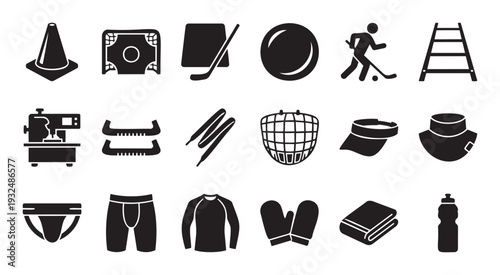 Comprehensive black and white icon set featuring essential ice hockey equipment and athletic training gear perfect for sportsrelated graphic designs and informational materials.