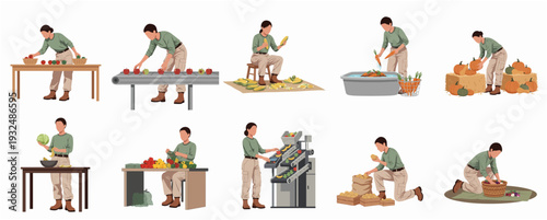 Diverse Handdrawn Agriculture Production Illustration with Woman Harvesting and Preparing Food