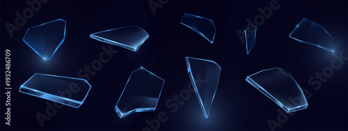 Realistic set of broken glass pieces isolated on black background. Vector illustration of transparent plastic shards, shattered ice crystals of different abstract shape, destroyed window fragments