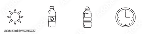 Simple line icons representing daily essentials like the sun, various water bottles, and a clock, perfect for health, hydration, and time management concepts in digital and print media.