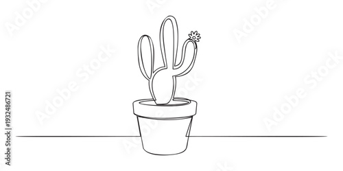 Minimalist one line drawing of a potted succulent cactus plant with a small bloom, perfect for contemporary home decor, sleek visual compositions, or botanical themed projects.