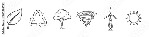 Essential environment and nature icons symbolizing sustainability, renewable energy, and ecological awareness perfect for educational resources, infographics, and various media projects