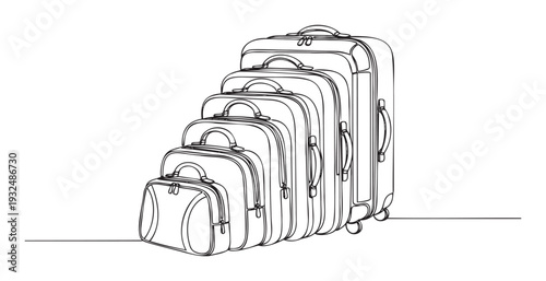 A continuous line drawing of a complete set of travel suitcases in various sizes, ideal for illustrating concepts of journey, vacation, shipping, or packing services.