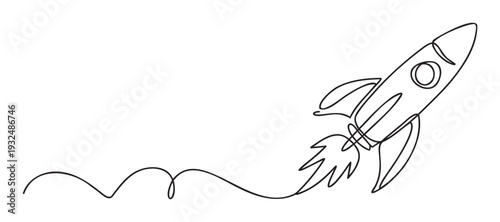 Abstract continuous line drawing of a rocket launching upwards, representing concepts of ambition, success, progress, and breakthrough for business and technology branding projects.