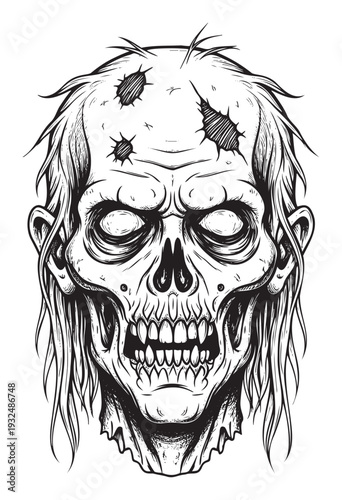 A menacing zombie head with disheveled hair and an open mouth full of sharp teeth perfect for horror movie posters, Halloween party invitations, or scary video game assets.