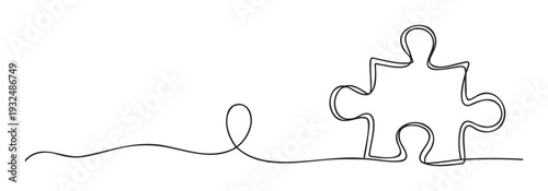 Continuous single line artwork forming a distinct puzzle piece shape symbolizing unity and solution finding, suitable for abstract business graphics and educational resources.