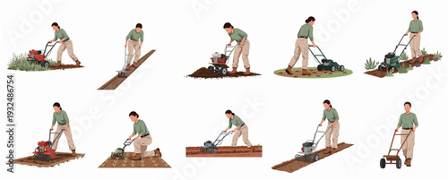 Detailed Flat Illustration of Woman Using Garden Tiller Tool on Soil