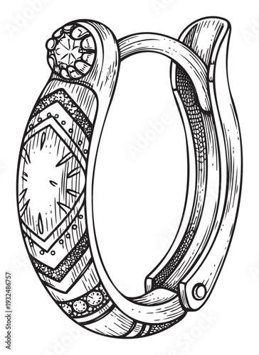 Ornate single hoop earring with a prominent gemstone and textured surface, perfect for jewelry store advertisements, accessory catalogs, or fashionrelated graphical projects.