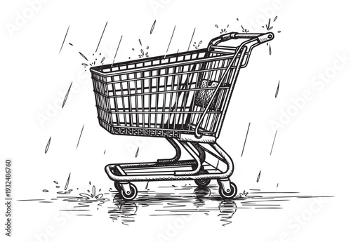 A sketch of a shopping cart standing in the rain with water splashing and reflections, symbolizing consumerism, economic conditions, or environmental challenges for commercial and financial
