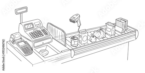 Supermarket checkout counter with essential retail equipment like cash register, credit card machine, barcode scanner, and various groceries, ideal for illustrating shopping experiences and