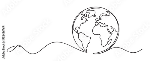 One continuous line drawing depicting a world globe with continents, symbolizing global connection, unity, and sustainability, perfect for environmental initiatives, education, or corporate