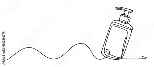 Outline vector illustration of a hand sanitizer or soap pump bottle integrated into a flowing wavy path, useful for medical, cosmetic, and wellness presentations.