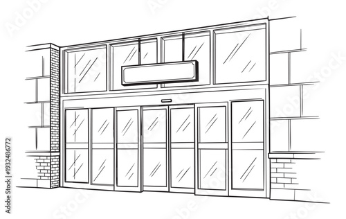 Line drawing of a contemporary commercial building entrance with expansive glass storefront and automatic entry system, ideal for business property development presentations.