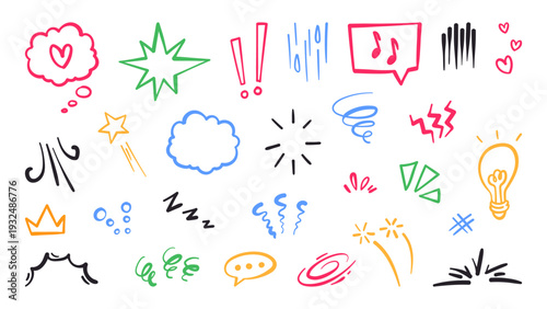 Comic emphasis signs set isolated on white background. Vector cartoon illustration of color speech clouds, exclamation symbol, stars, doodle light bulb, spirals and heart, anime emotion elements