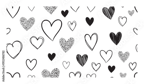 Hand drawn heart shapes in a charming seamless visual featuring diverse styles from outlined to filled and textured perfect for romantic themes and holiday celebrations