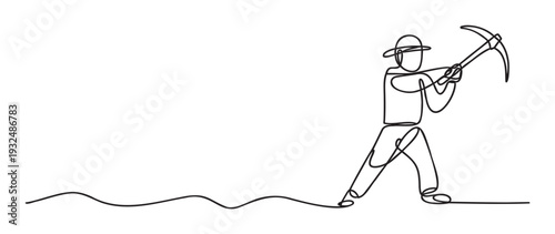 Continuous line drawing of a person wearing a hat and holding a pickaxe, illustrating hard work and manual labor, suitable for industrial presentations and construction company branding.