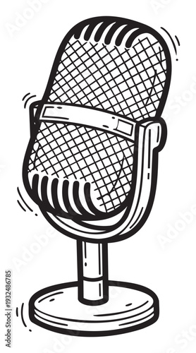 Bold black and white graphic of a classic studio microphone on a stand with subtle sound indicators, excellent for engaging podcasts, live performances, news broadcasts, and sound