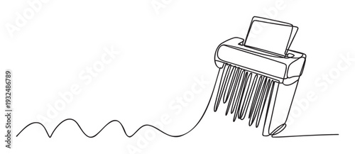 Continuous line drawing of a paper shredder actively destroying a document with shredded strips forming a wavy abstract line, ideal for data protection, privacy, and security concepts.