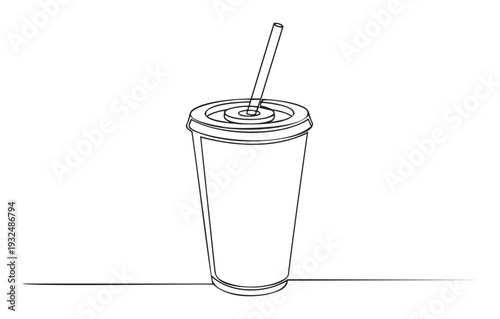 Continuous line drawing of a disposable takeout beverage cup with a straw and a lid, perfect for graphic design projects and marketing materials requiring minimalist visual elements