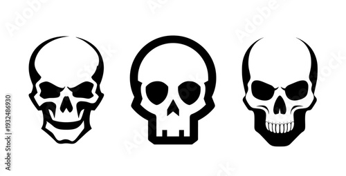Collection of three black skull vector icons with different styles, perfect for tattoo designs, Halloween graphics, gaming logos, and edgy branding